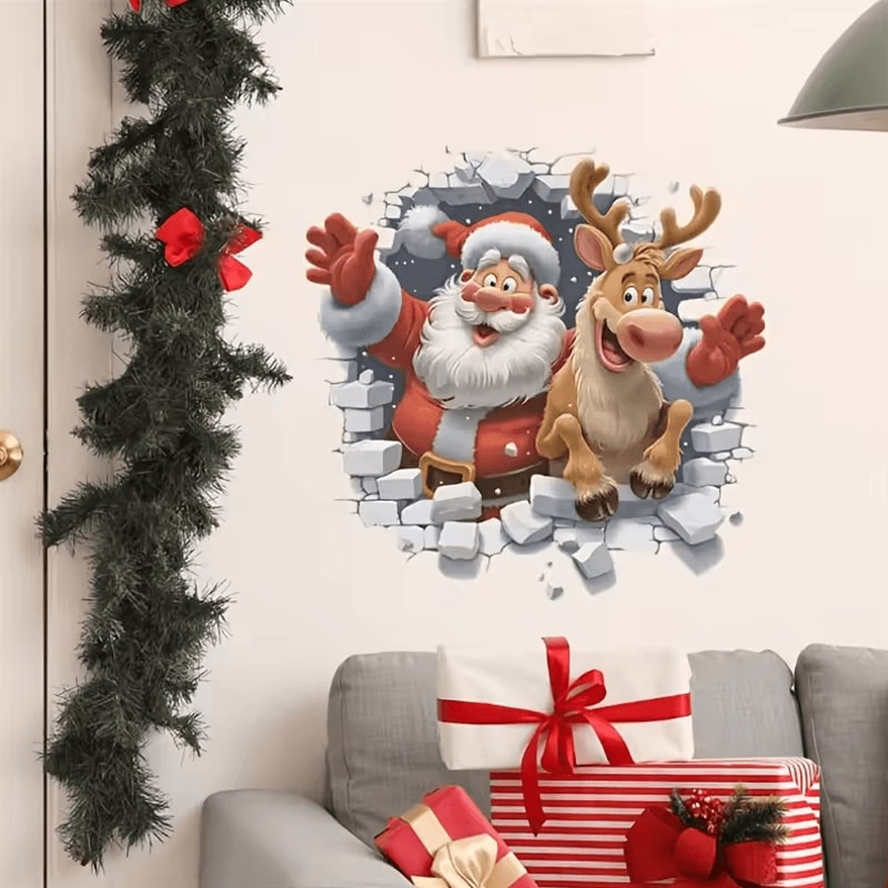 SelfAdhesive Removable 3D Santa Claus And Rudolf Wall Stickers Christmas Decorative Decor 3