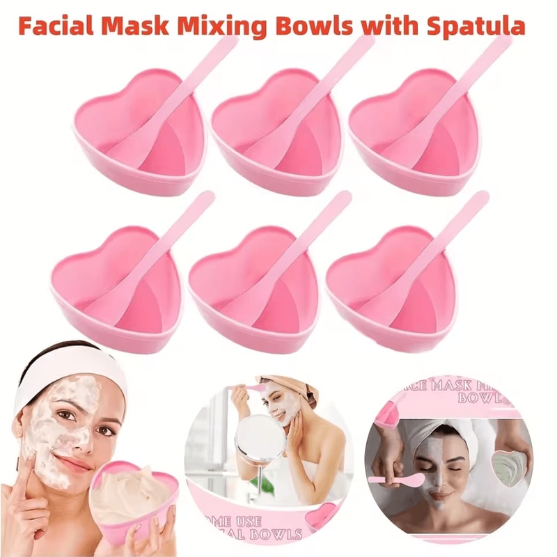 6Piece Pink Heart Shaped Facial Mask Mixing Bowl Set DIY Skincare Tool With Scraper 1