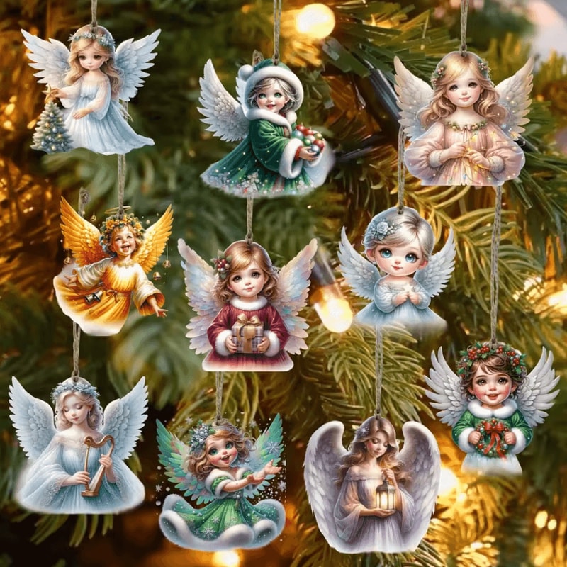 10PCS Handmade Wooden Christmas Angel Ornaments With Rope Rustic Holiday Tree Decoration 0
