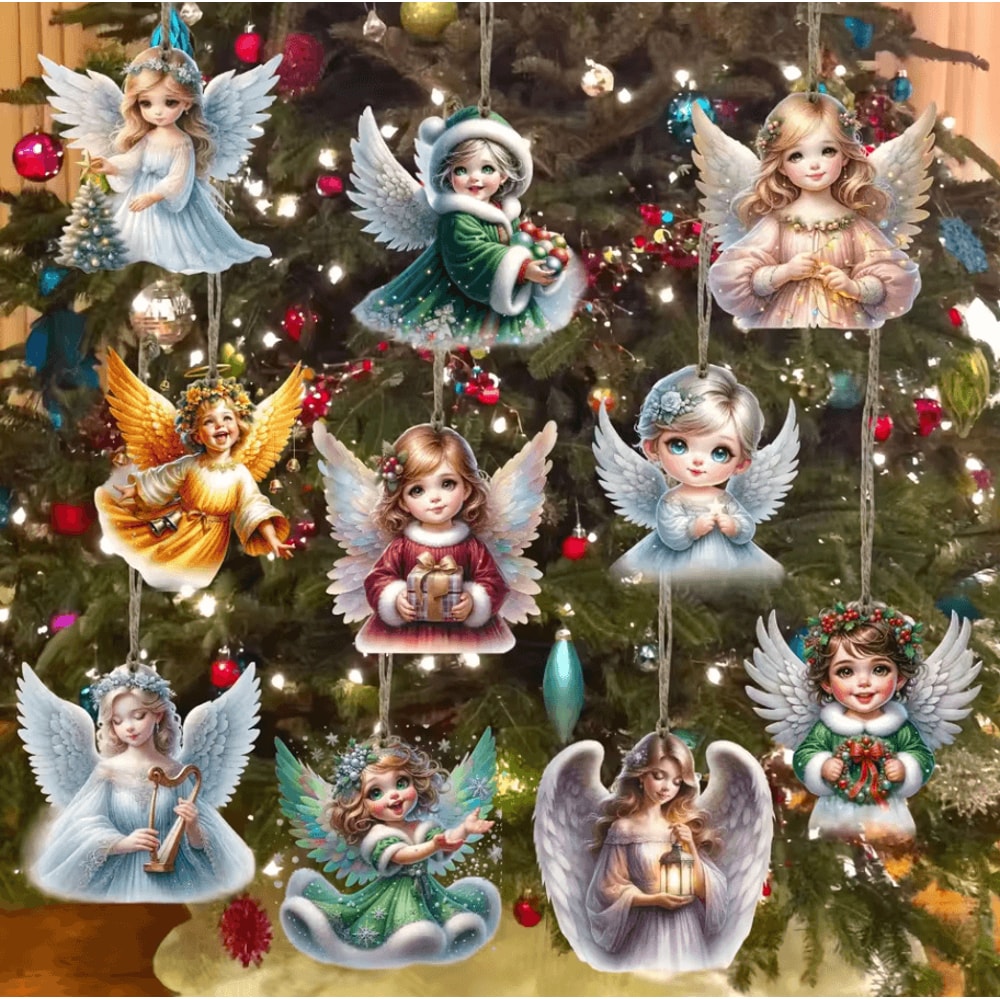 10PCS Handmade Wooden Christmas Angel Ornaments With Rope Rustic Holiday Tree Decoration 1