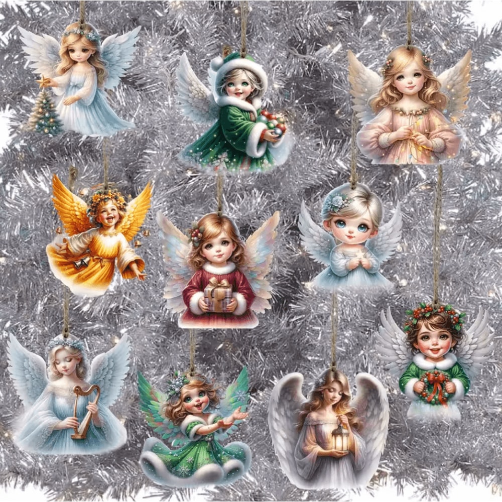 10PCS Handmade Wooden Christmas Angel Ornaments With Rope Rustic Holiday Tree Decoration 2