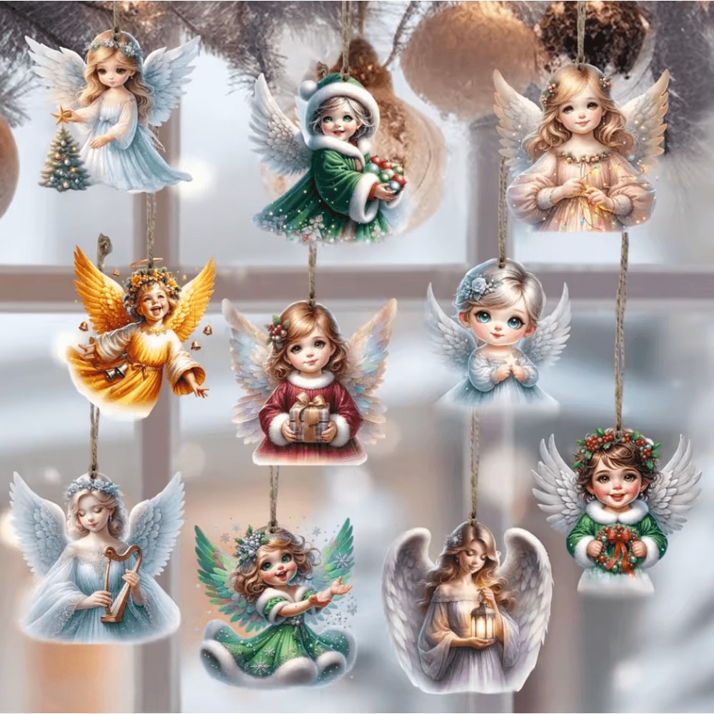 10PCS Handmade Wooden Christmas Angel Ornaments With Rope Rustic Holiday Tree Decoration 4