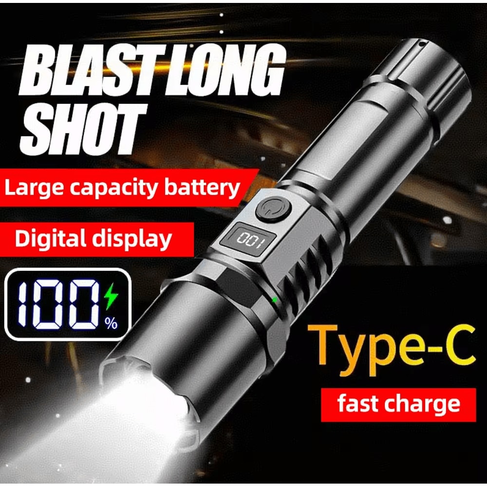 Ultra Bright LED Flashlight With Zoom Battery Indicator USB Charging Camping Light Torch 0