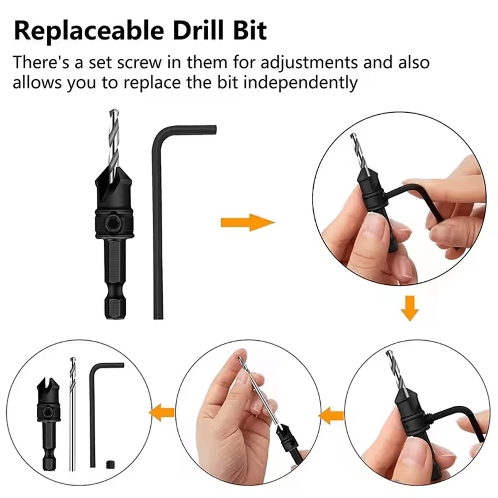 Woodworking Countersink Drill Bit Set Cone Hole Opener With 5 Replaceable Pilot Drill Bits 2