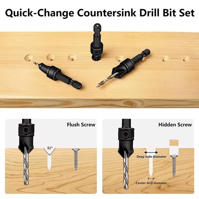 Woodworking Countersink Drill Bit Set Cone Hole Opener With 5 Replaceable Pilot Drill Bits 3