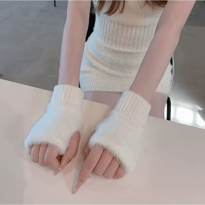 Solid Color Plush Woolen Knitted Touch Screen Half Finger Gloves Autumn Winter Warm Luxury Gloves 0