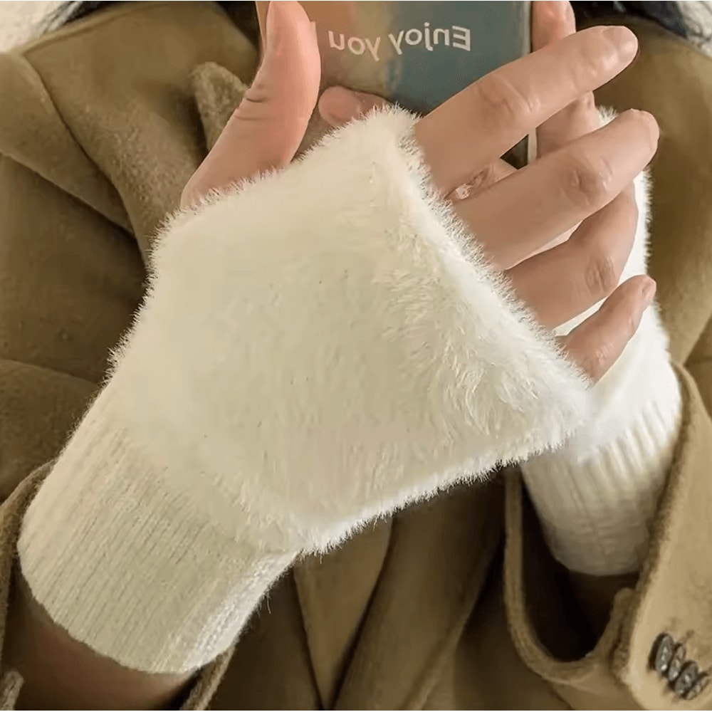 Solid Color Plush Woolen Knitted Touch Screen Half Finger Gloves Autumn Winter Warm Luxury Gloves 1