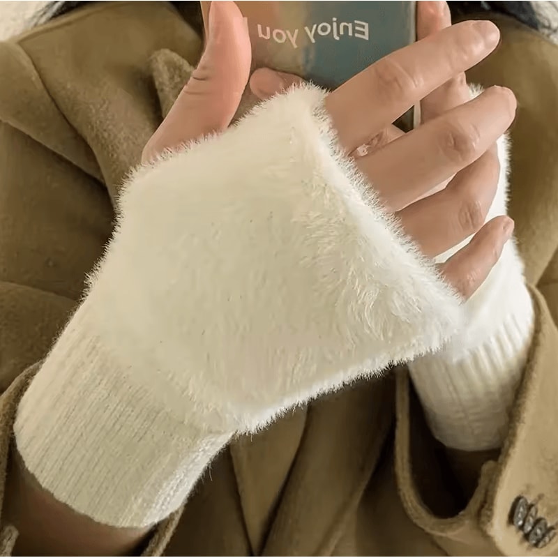 Solid Color Plush Woolen Knitted Touch Screen Half Finger Gloves Autumn Winter Warm Luxury Gloves 1