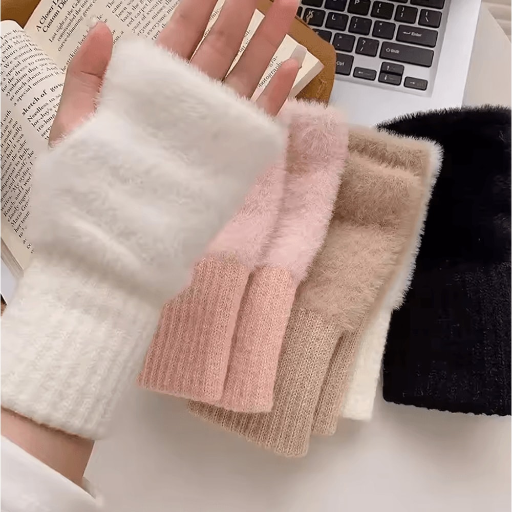 Solid Color Plush Woolen Knitted Touch Screen Half Finger Gloves Autumn Winter Warm Luxury Gloves 3