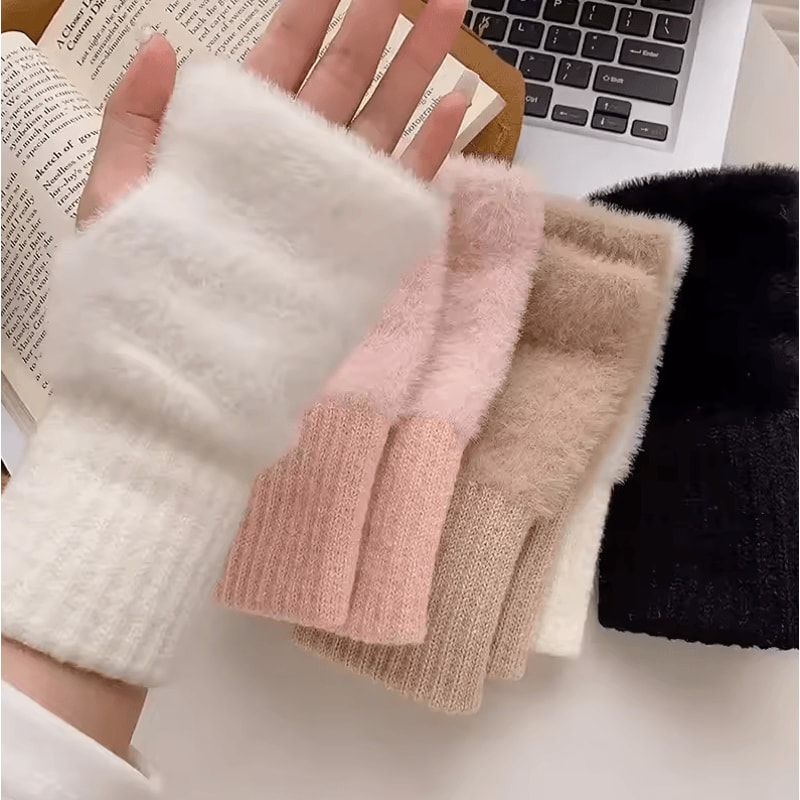 Solid Color Plush Woolen Knitted Touch Screen Half Finger Gloves Autumn Winter Warm Luxury Gloves 3