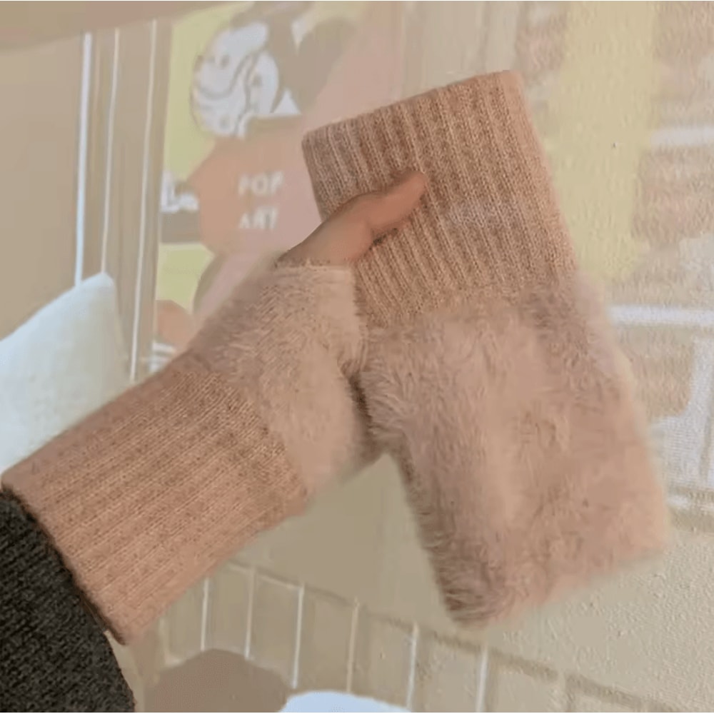 Solid Color Plush Woolen Knitted Touch Screen Half Finger Gloves Autumn Winter Warm Luxury Gloves 9