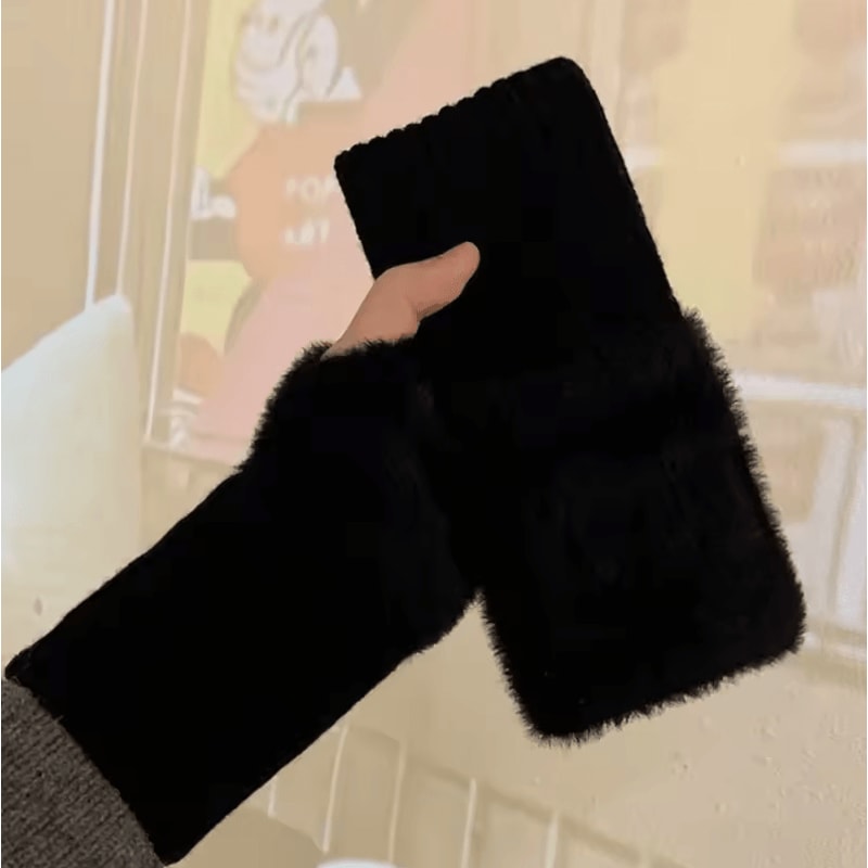 Solid Color Plush Woolen Knitted Touch Screen Half Finger Gloves Autumn Winter Warm Luxury Gloves 6