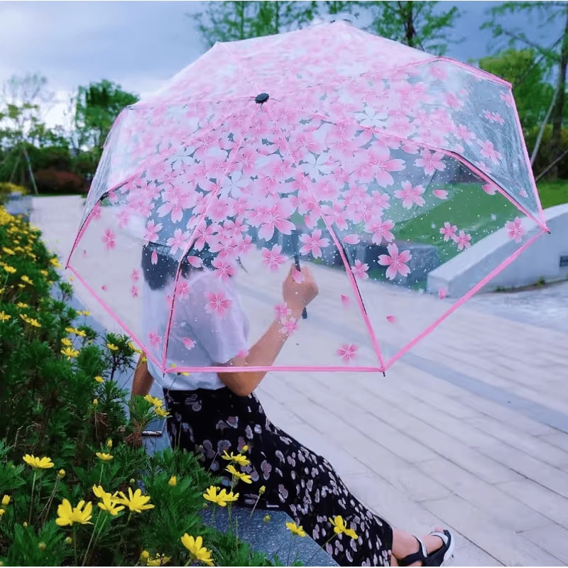 Creative Transparent Cherry Blossom Umbrella Clear Couple Student Beach SunRain Protection 2