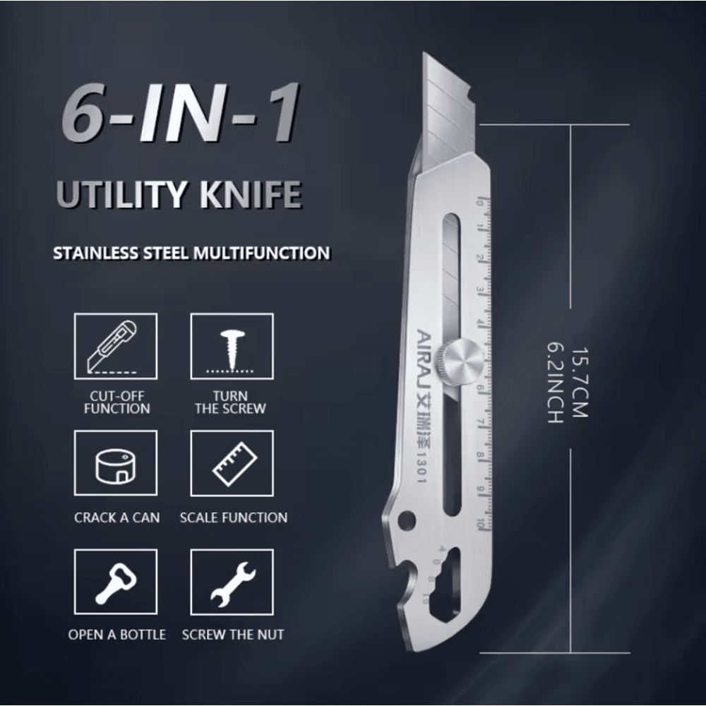 Multifunctional Utility Knife Tool 6in1 Stainless Steel All Purpose Cutter With Bottle Opener Rule 2