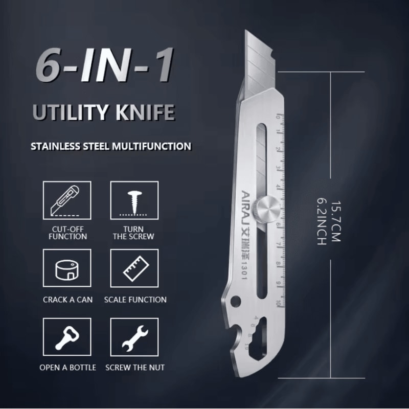 Multifunctional Utility Knife Tool 6in1 Stainless Steel All Purpose Cutter With Bottle Opener Rule 2