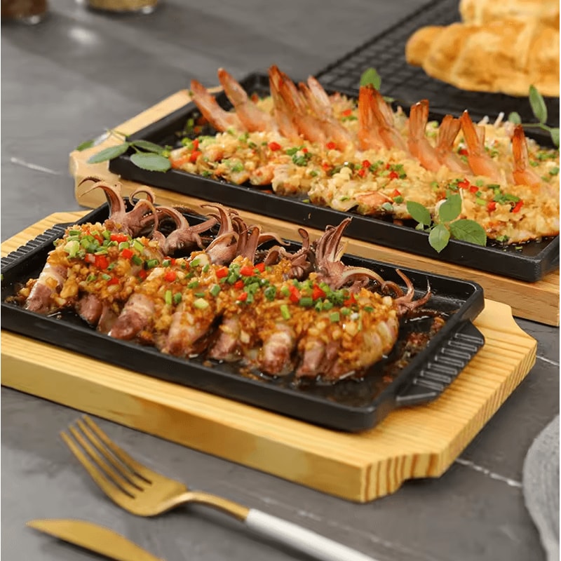 Cast Iron Sizzling Hot Plate Rectangle Barbecue Steak Pan With Wooden Base For Teppanyaki Grilled 2