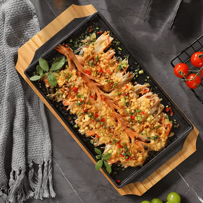 Cast Iron Sizzling Hot Plate Rectangle Barbecue Steak Pan With Wooden Base For Teppanyaki Grilled 3