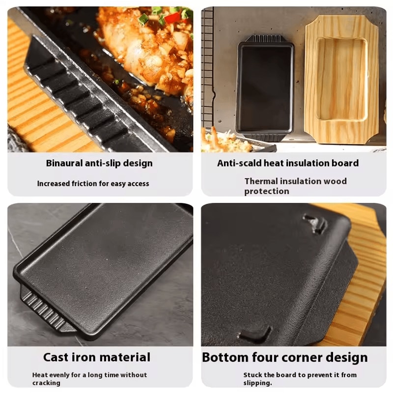 Cast Iron Sizzling Hot Plate Rectangle Barbecue Steak Pan With Wooden Base For Teppanyaki Grilled 4