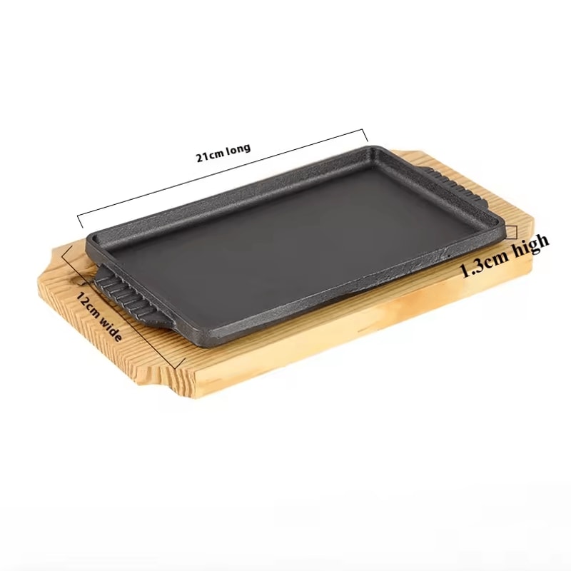 Cast Iron Sizzling Hot Plate Rectangle Barbecue Steak Pan With Wooden Base For Teppanyaki Grilled 5
