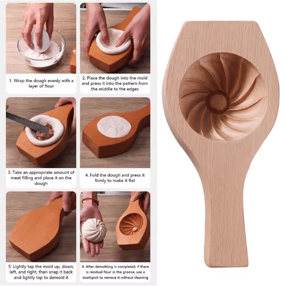 Solid Wood Handmade Mantou Stuffed Bun Mold Dough Shaping Tool For Steamed Buns 2