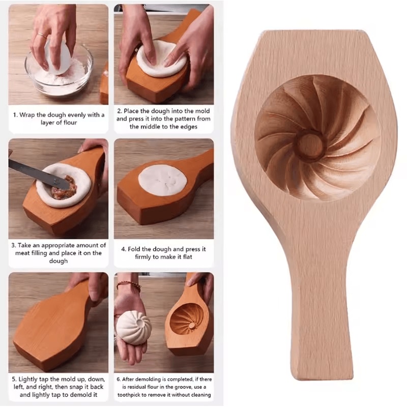 Solid Wood Handmade Mantou Stuffed Bun Mold Dough Shaping Tool For Steamed Buns 2