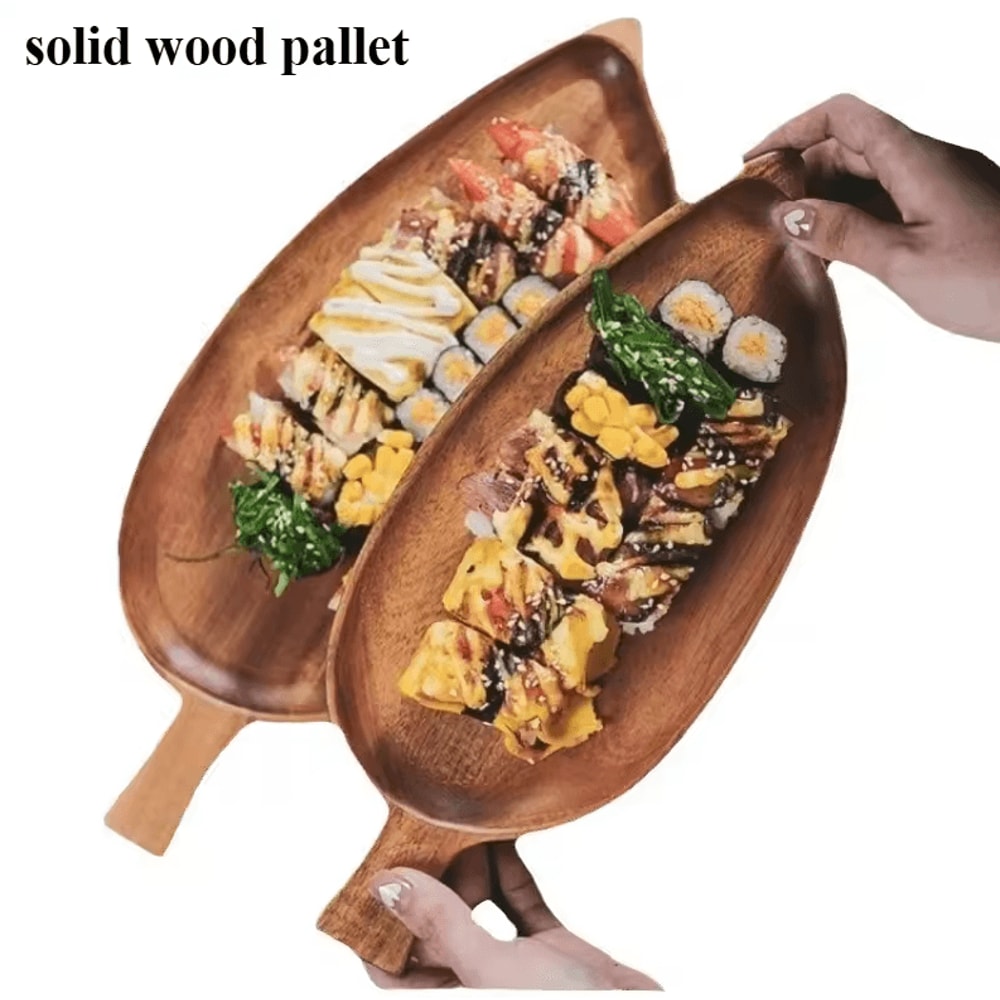 HighQuality Solid Wood Leaf Shaped Tray Waterproof Acacia Wood Serving Board For Steak Sushi More 3