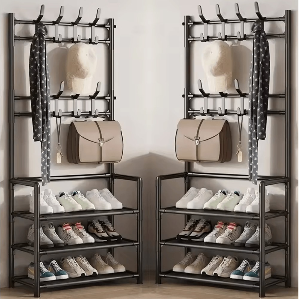 MultiLayer Clothes Shoe Rack FloorStanding Organizer With DIY Doorway Hanger Shelf 11