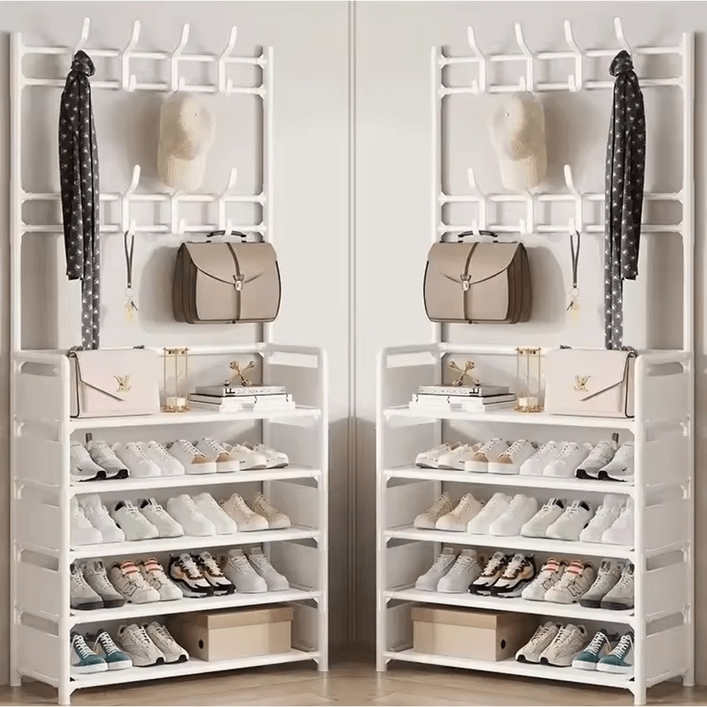 MultiLayer Clothes Shoe Rack FloorStanding Organizer With DIY Doorway Hanger Shelf 12