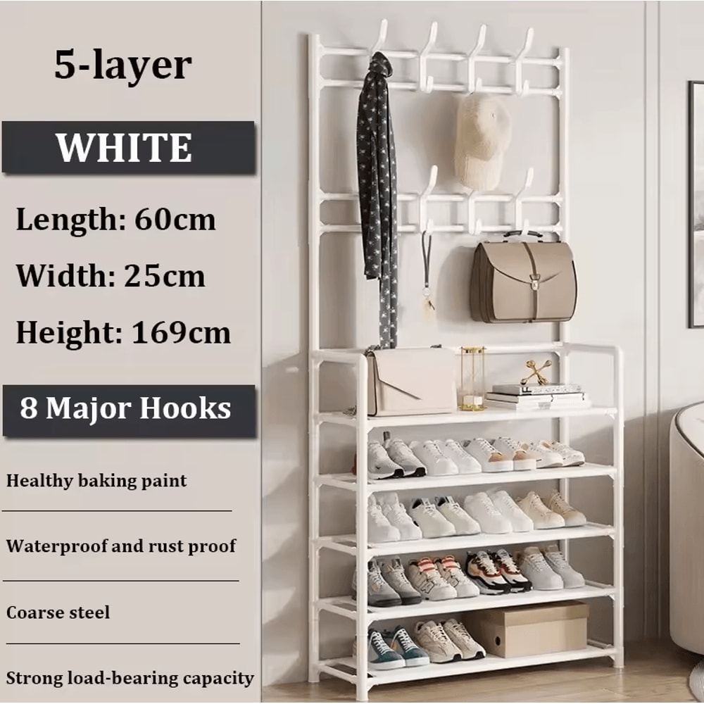 MultiLayer Clothes Shoe Rack FloorStanding Organizer With DIY Doorway Hanger Shelf 15