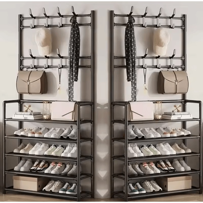 MultiLayer Clothes Shoe Rack FloorStanding Organizer With DIY Doorway Hanger Shelf 16