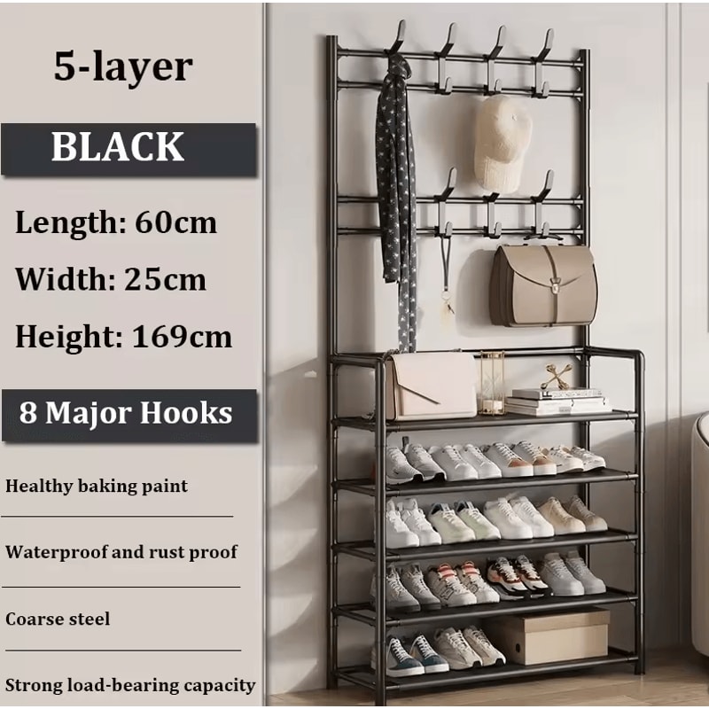 MultiLayer Clothes Shoe Rack FloorStanding Organizer With DIY Doorway Hanger Shelf 17