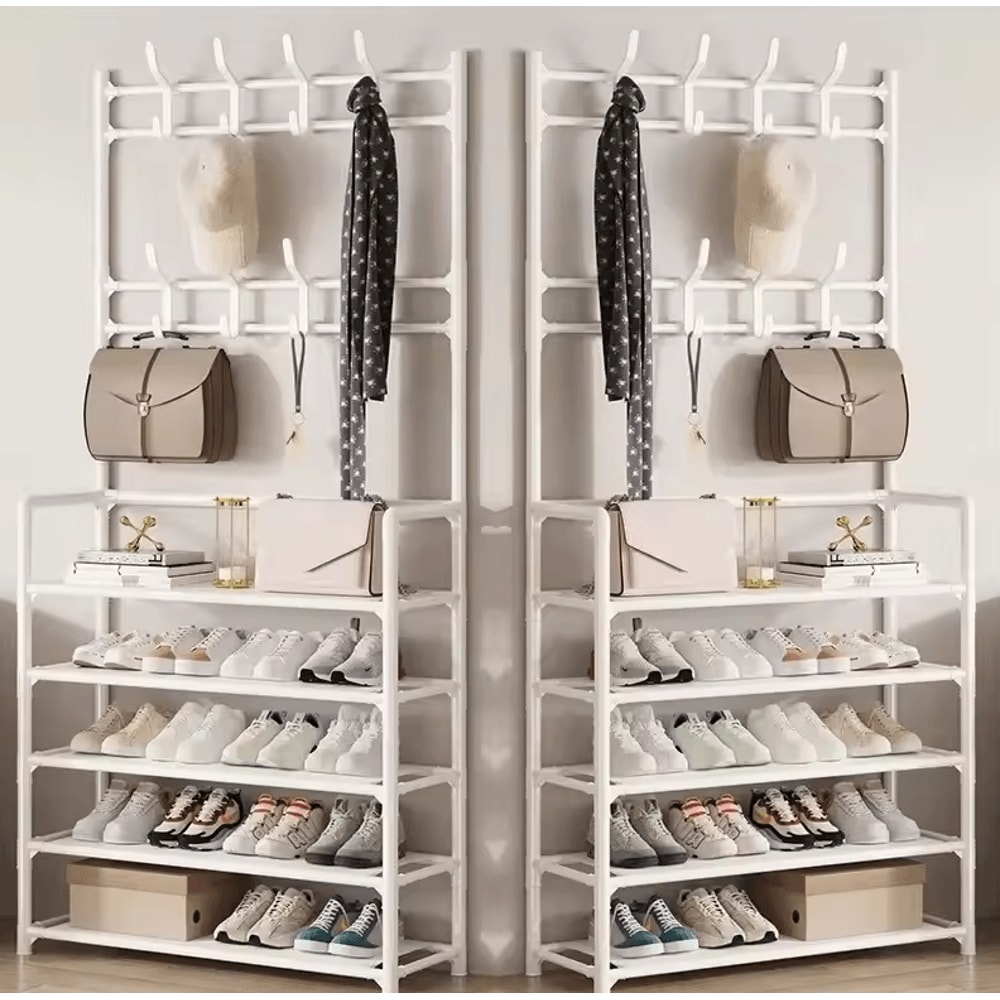 MultiLayer Clothes Shoe Rack FloorStanding Organizer With DIY Doorway Hanger Shelf 18