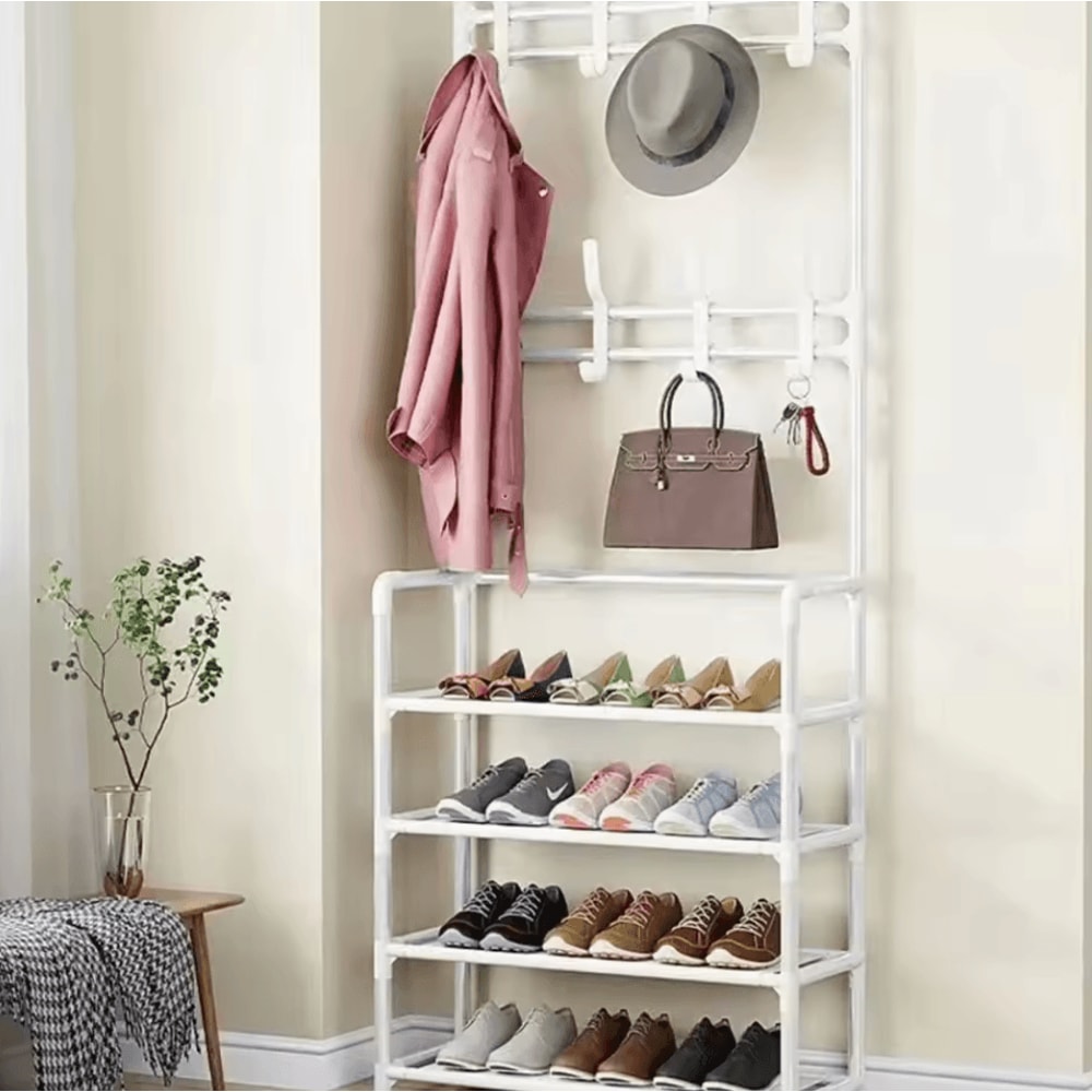 MultiLayer Clothes Shoe Rack FloorStanding Organizer With DIY Doorway Hanger Shelf 1