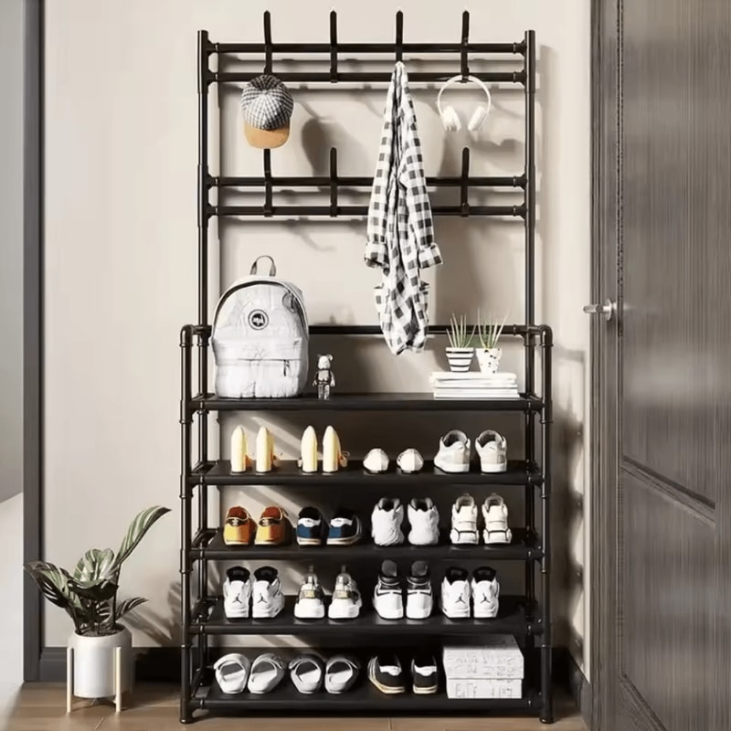 MultiLayer Clothes Shoe Rack FloorStanding Organizer With DIY Doorway Hanger Shelf 4