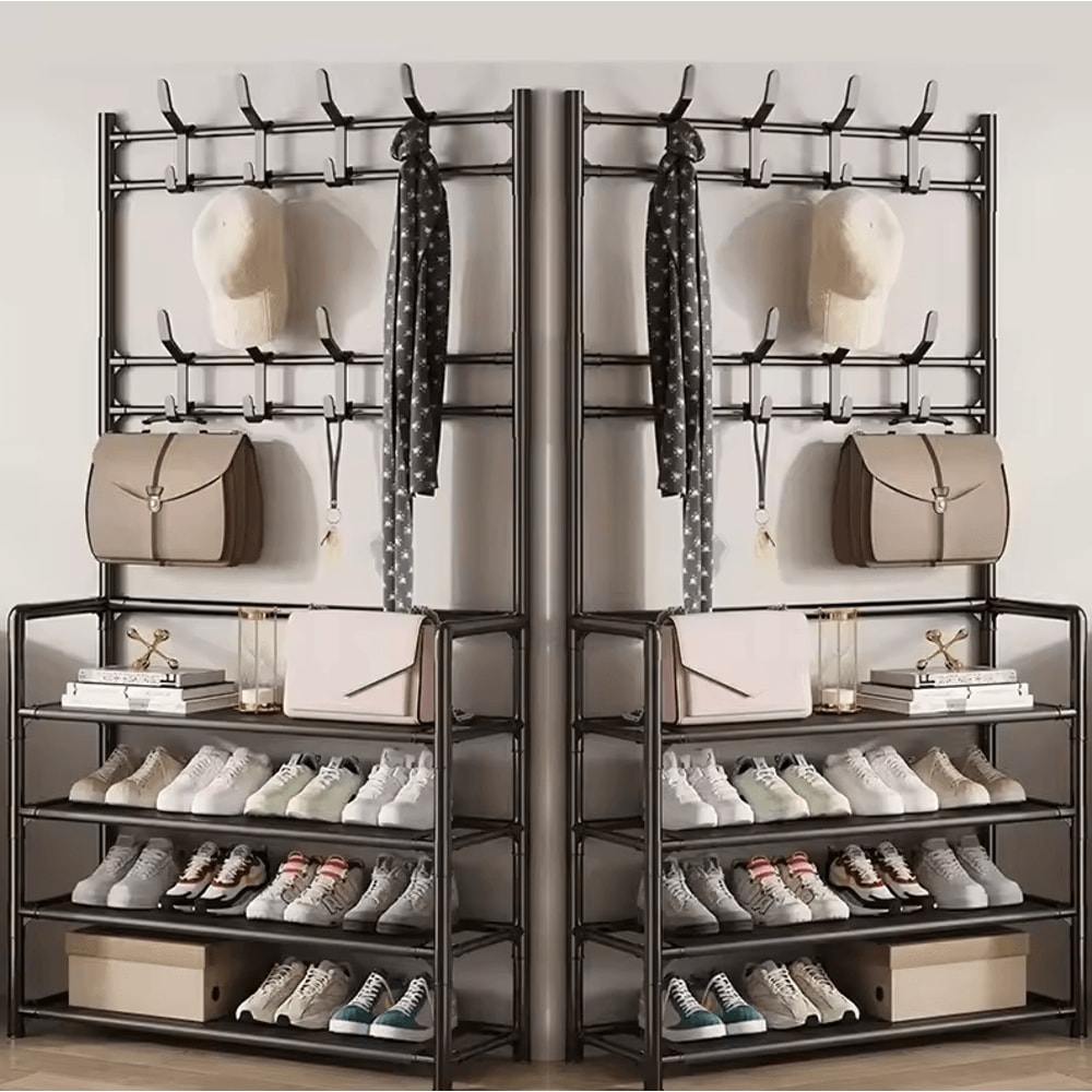 MultiLayer Clothes Shoe Rack FloorStanding Organizer With DIY Doorway Hanger Shelf 21