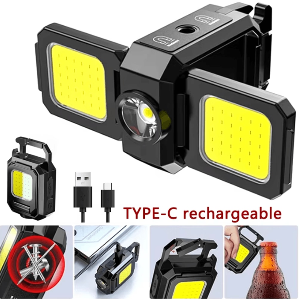 USB USB Rechargeable Mini Flashlight With COB Work Light Portable Lantern Keychain With 90 Foldabl 0