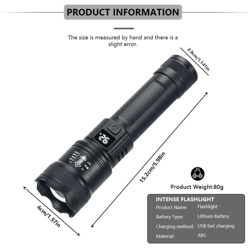 USB Charging Tactical Flashlight With BuiltIn Battery 2000LM High Power Torch With Display Zoom R 5