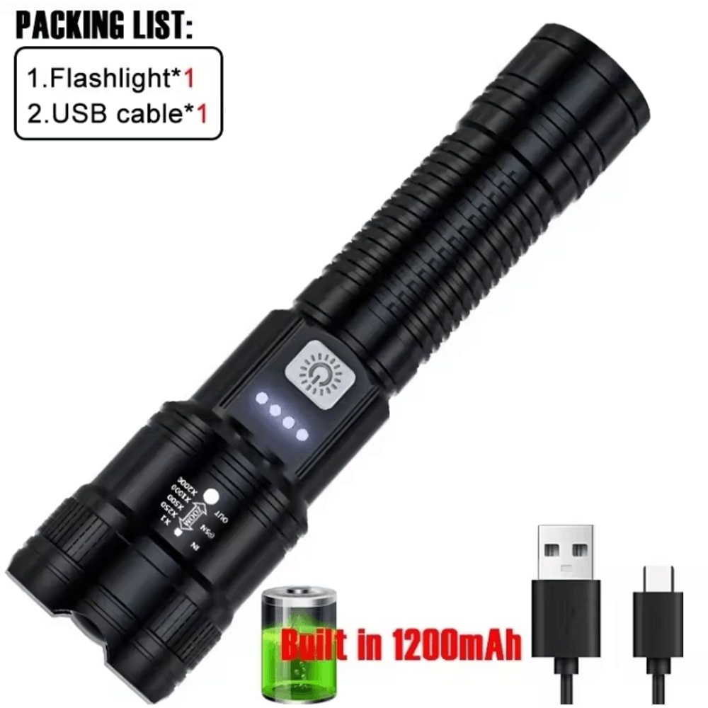 USB Charging Tactical Flashlight With BuiltIn Battery 2000LM High Power Torch With Display Zoom R 7