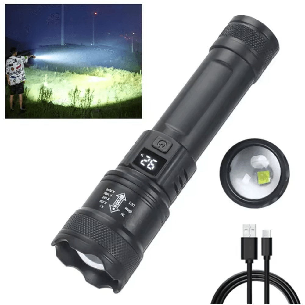 USB Charging Tactical Flashlight With BuiltIn Battery 2000LM High Power Torch With Display Zoom R 6