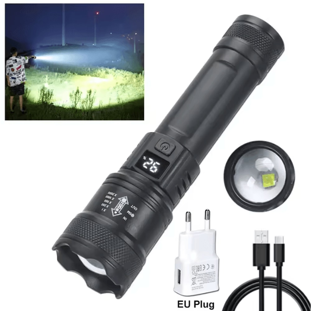 USB Charging Tactical Flashlight With BuiltIn Battery 2000LM High Power Torch With Display Zoom R 8