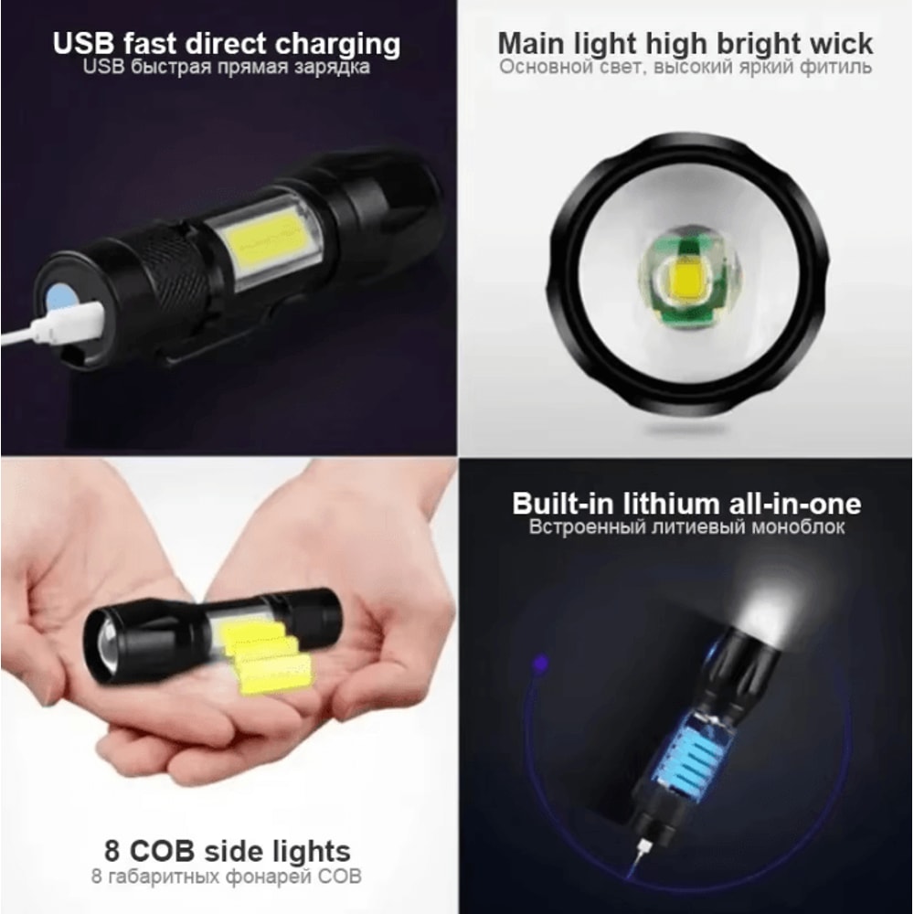 USB Rechargeable Mini Flashlight With COB XPE Torches Portable BuiltIn Battery Zoomable Small Tor 2