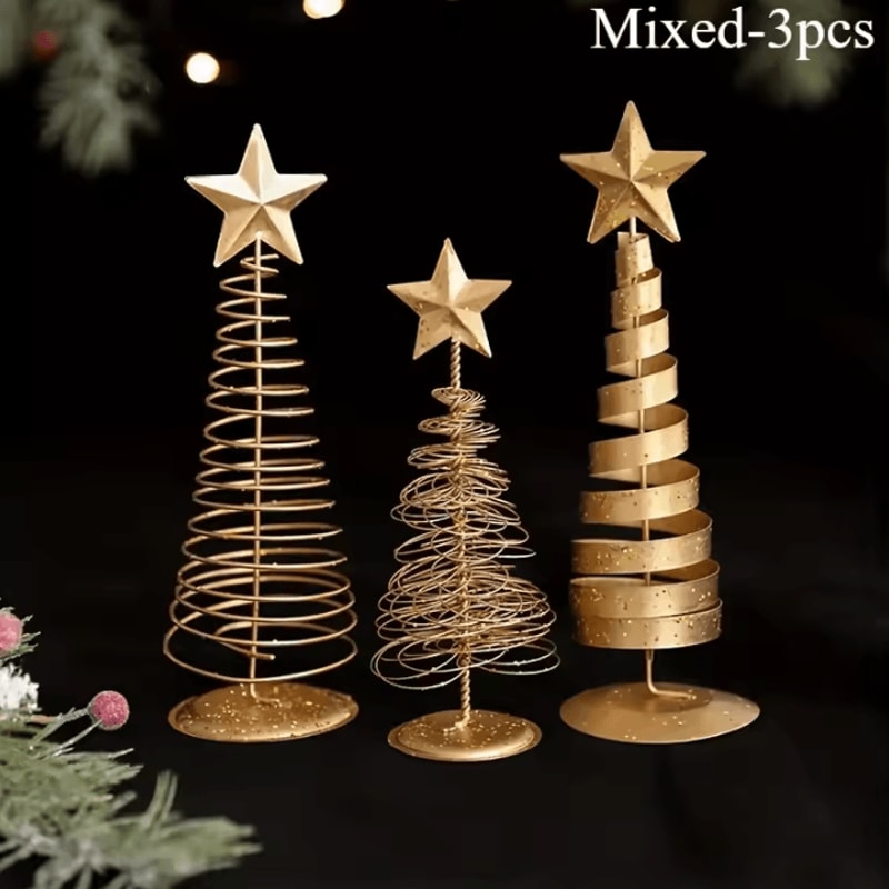 Iron Christmas Tree Ornament Golden Holiday Home Decoration Festive Tabletop Xmas Figurine 0