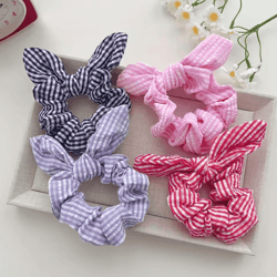 plaid plaid hair scrunchie – no-damage ponytail holder with sweet cat ears hair accessory vintage style elastic