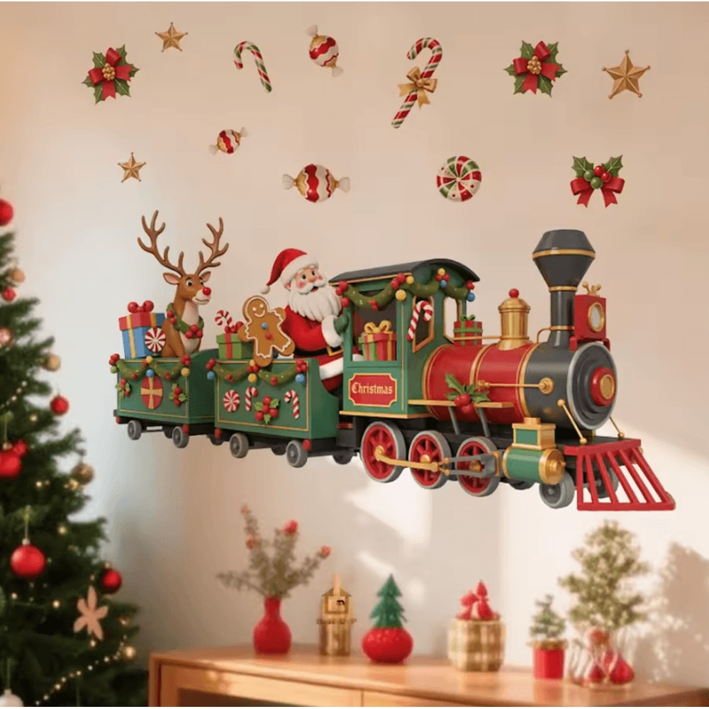 Santa Train Christmas Wall Sticker Whimsical Removable Christmas Wall Decals SelfAdhesive Holiday 0
