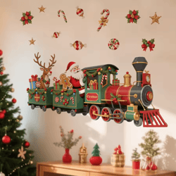 santa train christmas wall sticker – whimsical removable christmas wall decals self-adhesive holiday room decor sticker