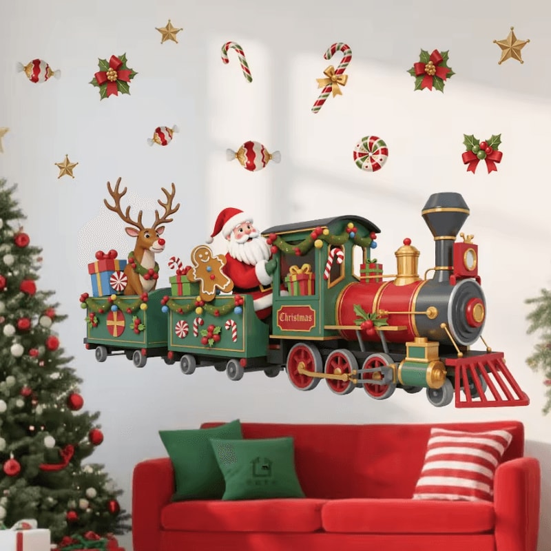 Santa Train Christmas Wall Sticker Whimsical Removable Christmas Wall Decals SelfAdhesive Holiday 1