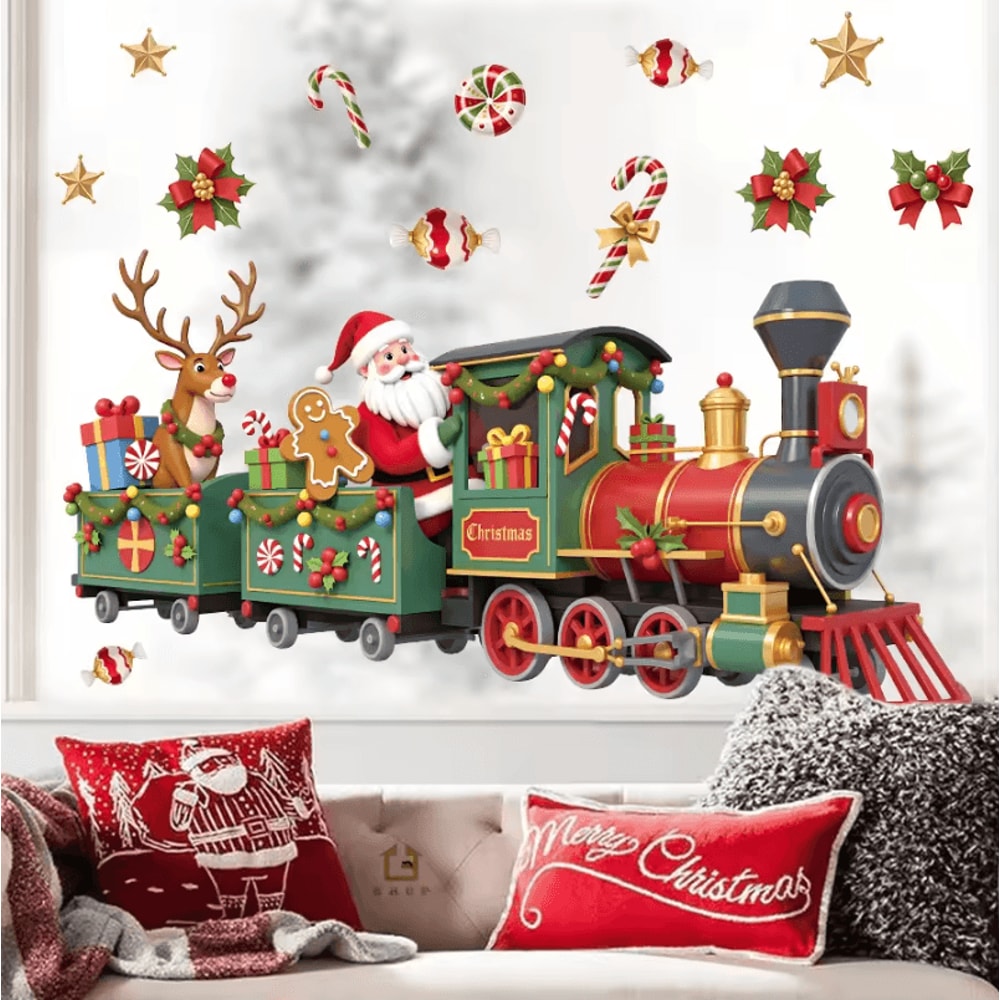 Santa Train Christmas Wall Sticker Whimsical Removable Christmas Wall Decals SelfAdhesive Holiday 2