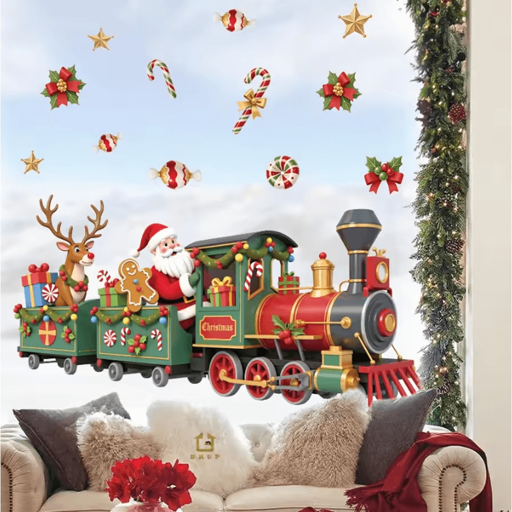 Santa Train Christmas Wall Sticker Whimsical Removable Christmas Wall Decals SelfAdhesive Holiday 4