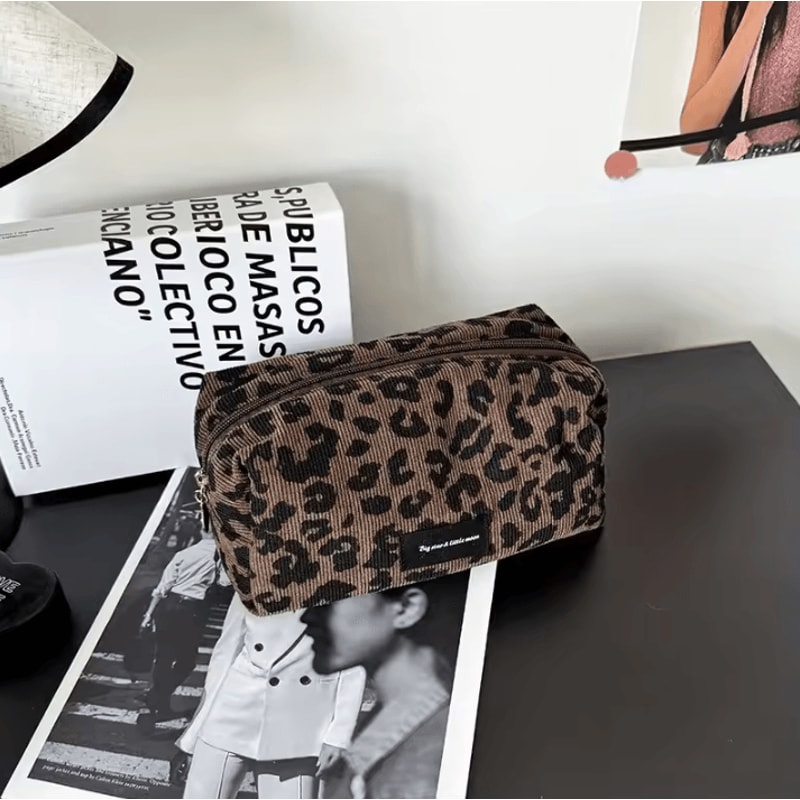 Leopard Makeup Bag Large Cosmetic Organizer Case BoxShaped Zipper Travel Beauty Storage Bag 3