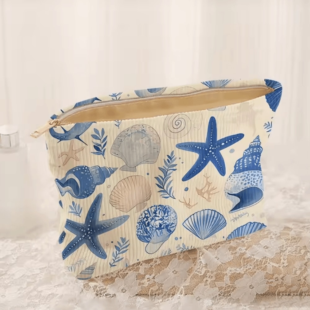 Floral Printed Makeup Bag Minimalist Corduroy Travel Cosmetic Storage Bag Lightweight Multifunctio 4